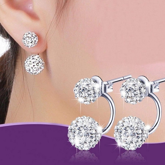 Silver Double Beaded Crystal Stud Earrings - Picture 13 of 13